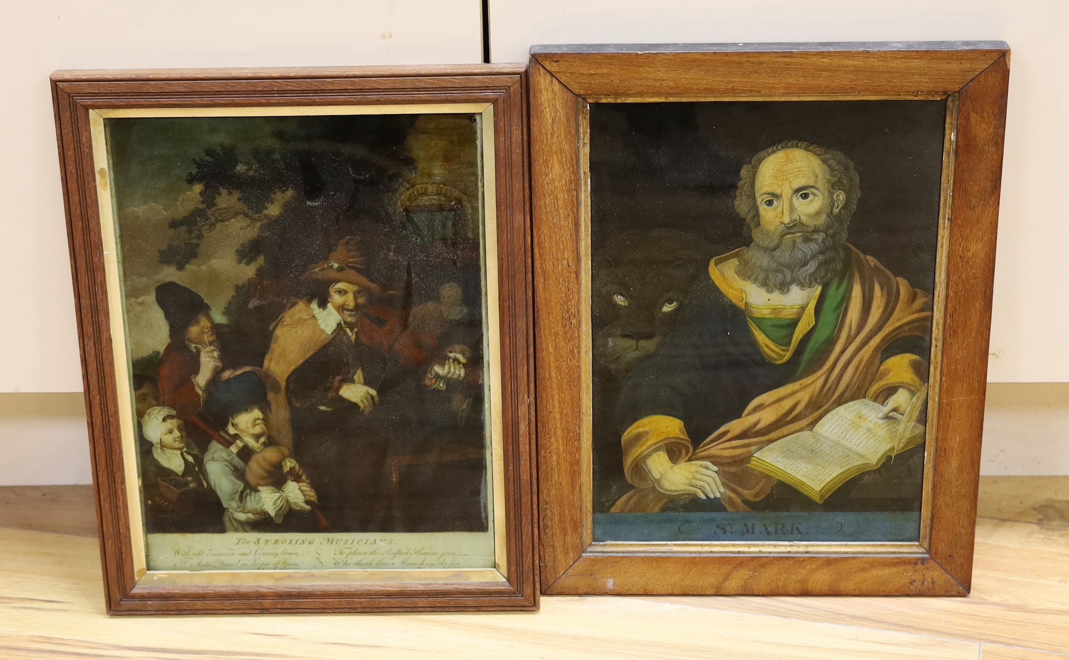 Two early 19th century reverse painted prints on glass, 'The Strolling Musician' and 'St Mark', 34 x 24cm